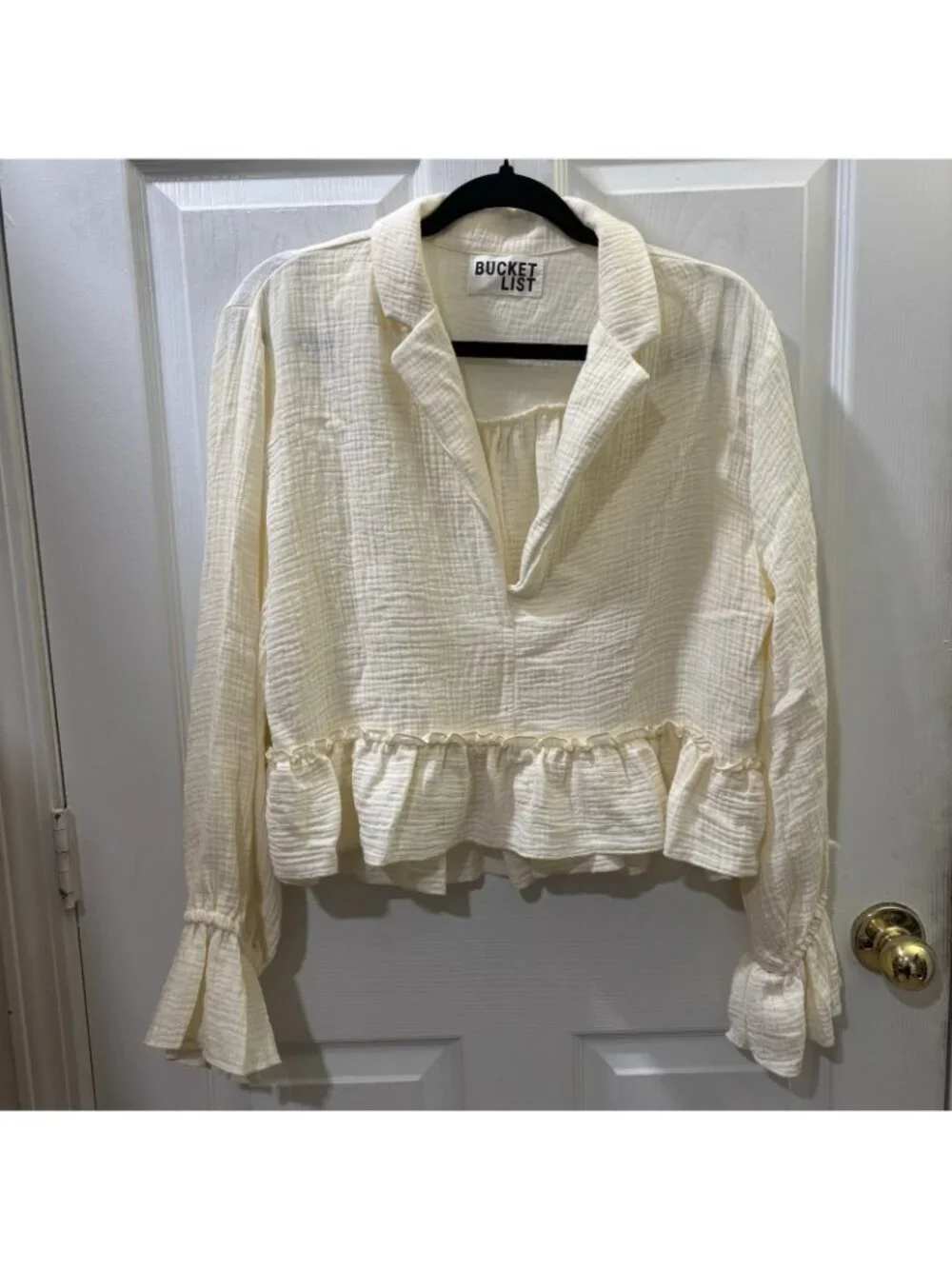 Bucket List Peplum Ruffled Crop Top Oversized Lantern Sleeves Boho Gauze Size L